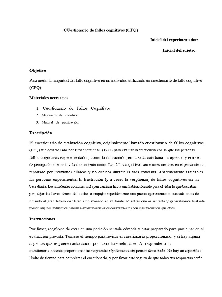 Cuestionario de Fallos Cognitivos (CFQ) | PDF | Cognición | Cuestionario