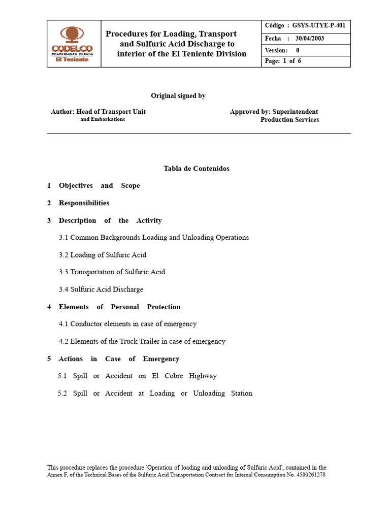 Sulfuric Acid Loading and Transport Procedures | PDF | Truck | Valve
