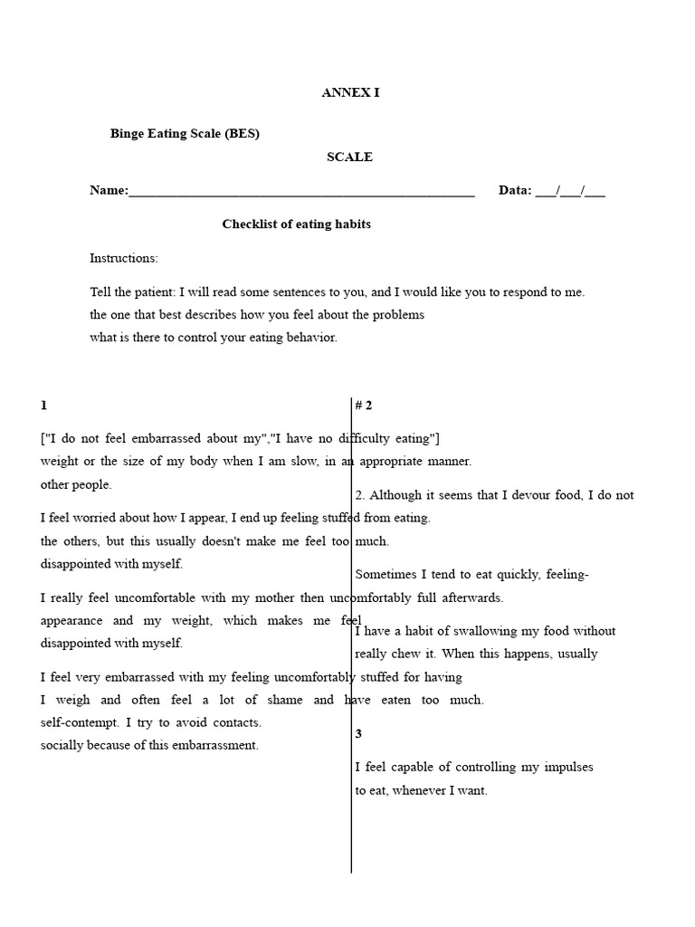 Binge Eating Scale Assessment Tool | PDF | Eating | Eating Behaviors Of ...