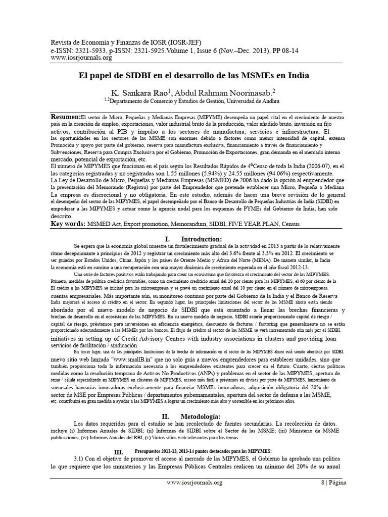SIDBI y el crecimiento de las MIPYMES en India | PDF | Capital de ...