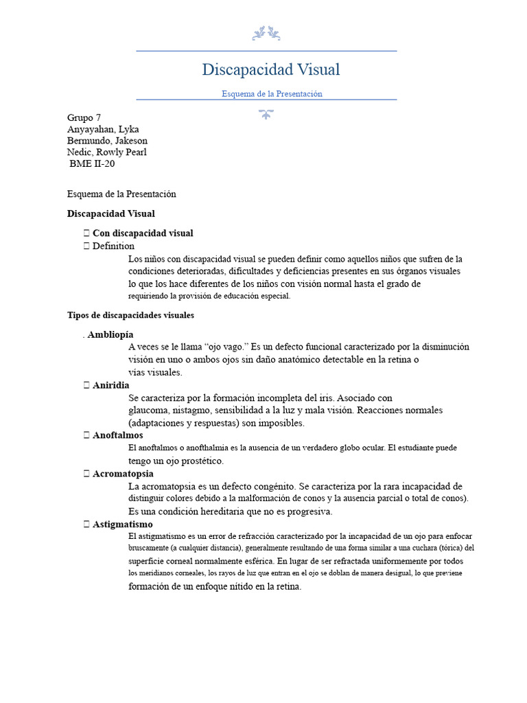 Tipos y Estrategias para Discapacidad Visual | PDF | Ojo humano | Miopía