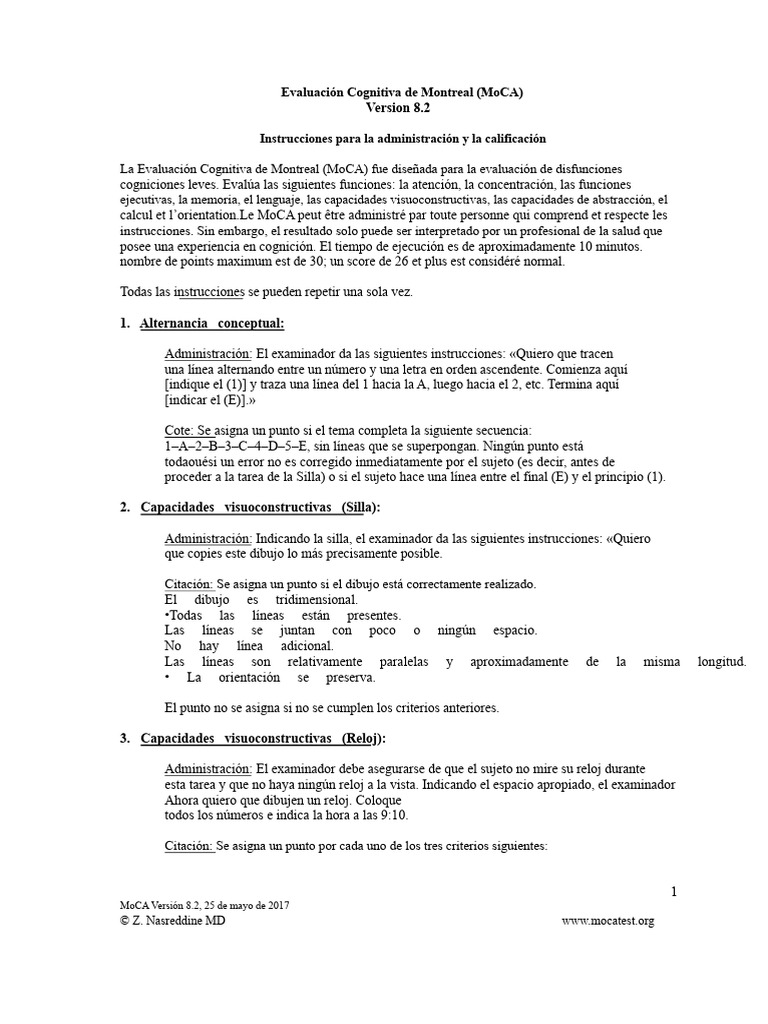 MoCA Versión 8.2 - Aplicación | PDF | Cognición | Psicología cognitiva