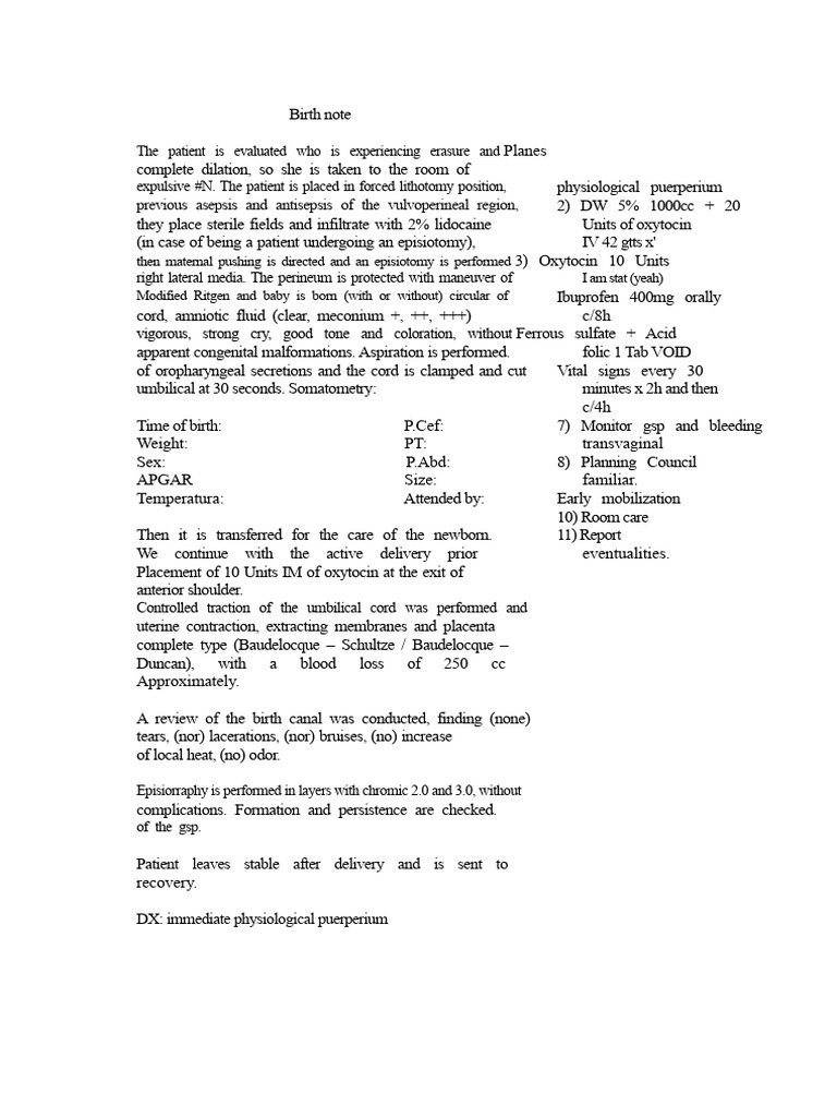 Detailed Birth Note and Procedure | PDF | Childbirth | Postpartum Period