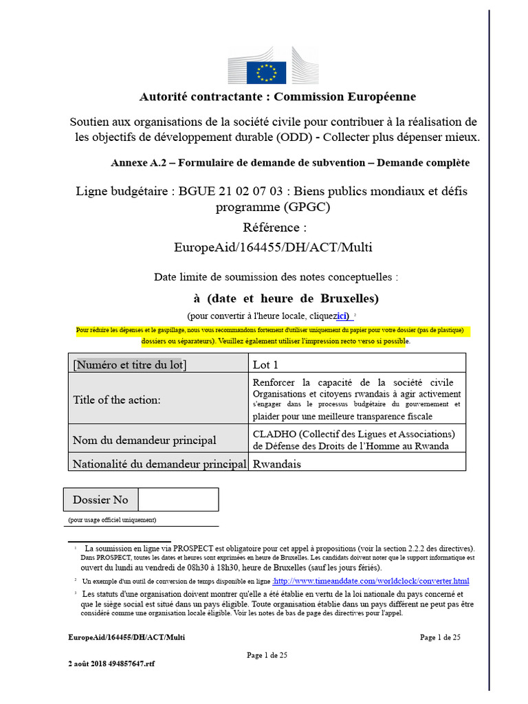 Annexe A2. Formulaire de Demande de Subvention - Demande Complète ...