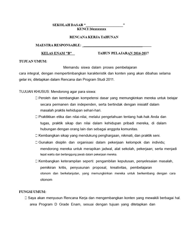 Rencana Kerja Tahunan Kelas 6B 2016-2017 | PDF