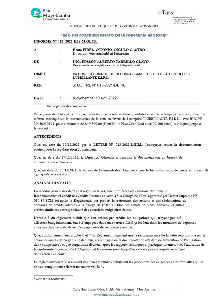 Rapport sur la reconnaissance de dette | PDF | Crédit | Finance et ...