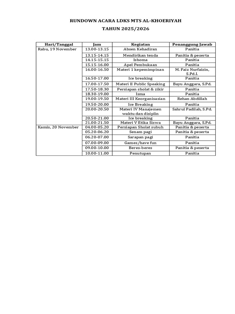 Rundown LDKS MTS Al-Khoeriyah 2025/2026 | PDF