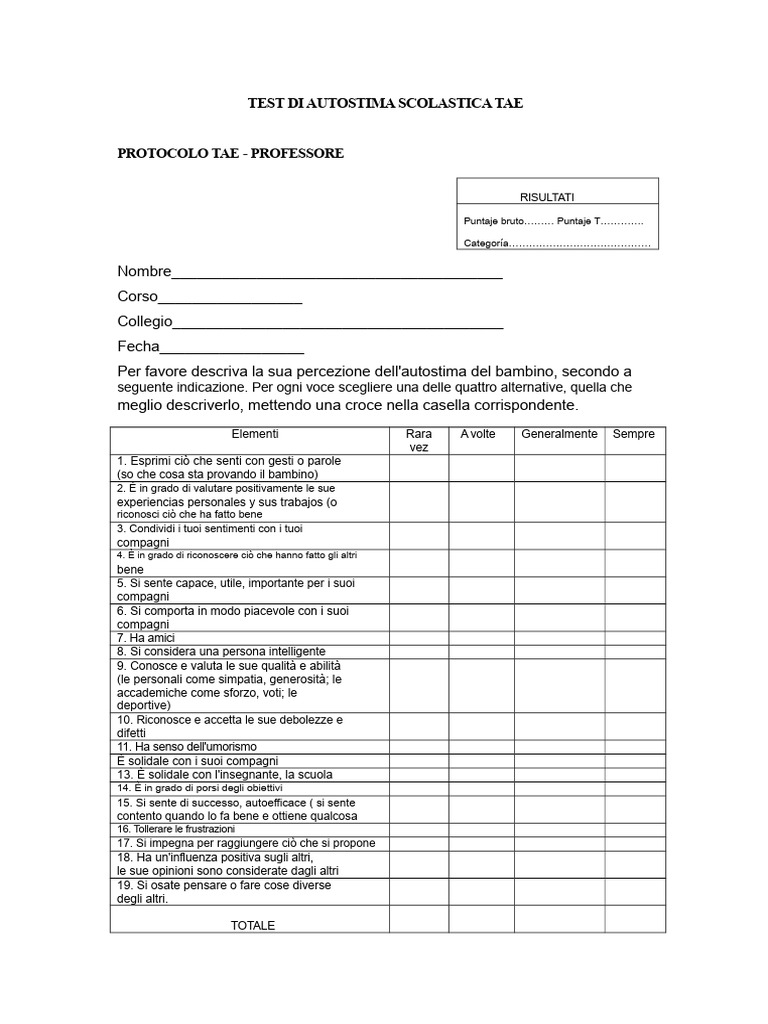 Test Di Autostima Scolastica Tae | PDF