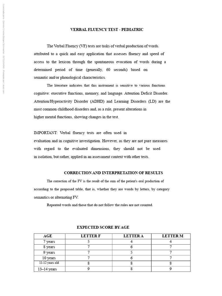 Pediatric Verbal Fluency Test Guide | PDF | Attention Deficit ...