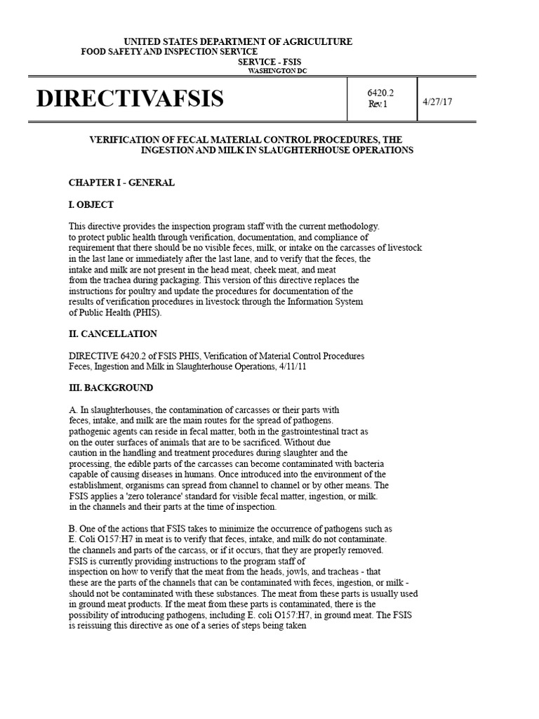 FSIS Directive on Fecal Control in Slaughterhouses | PDF | Food Safety
