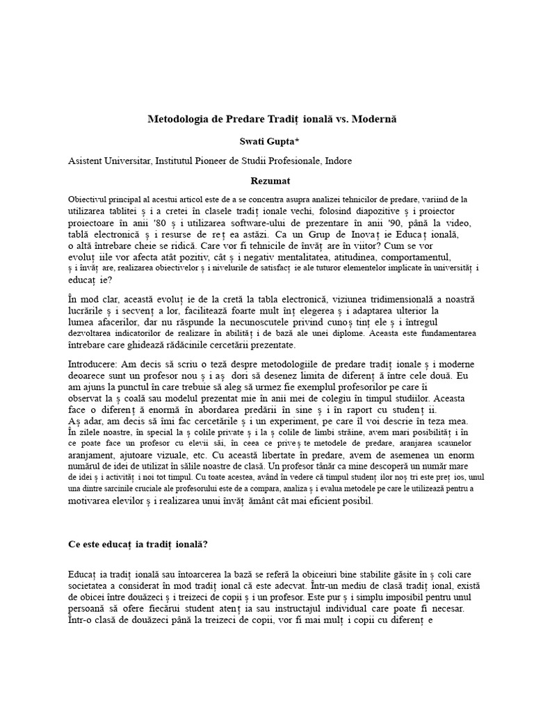 Metodologia de Predare Tradițională vs. Modernă | PDF