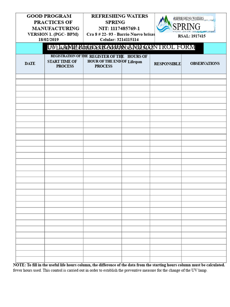 FORMAT _UV LAMP USE REGISTER.docx | PDF