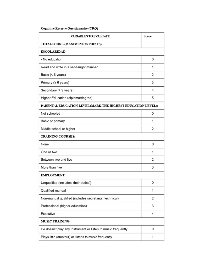 Cognitive Reserve Questionnaire | PDF | Cognition | Psychology