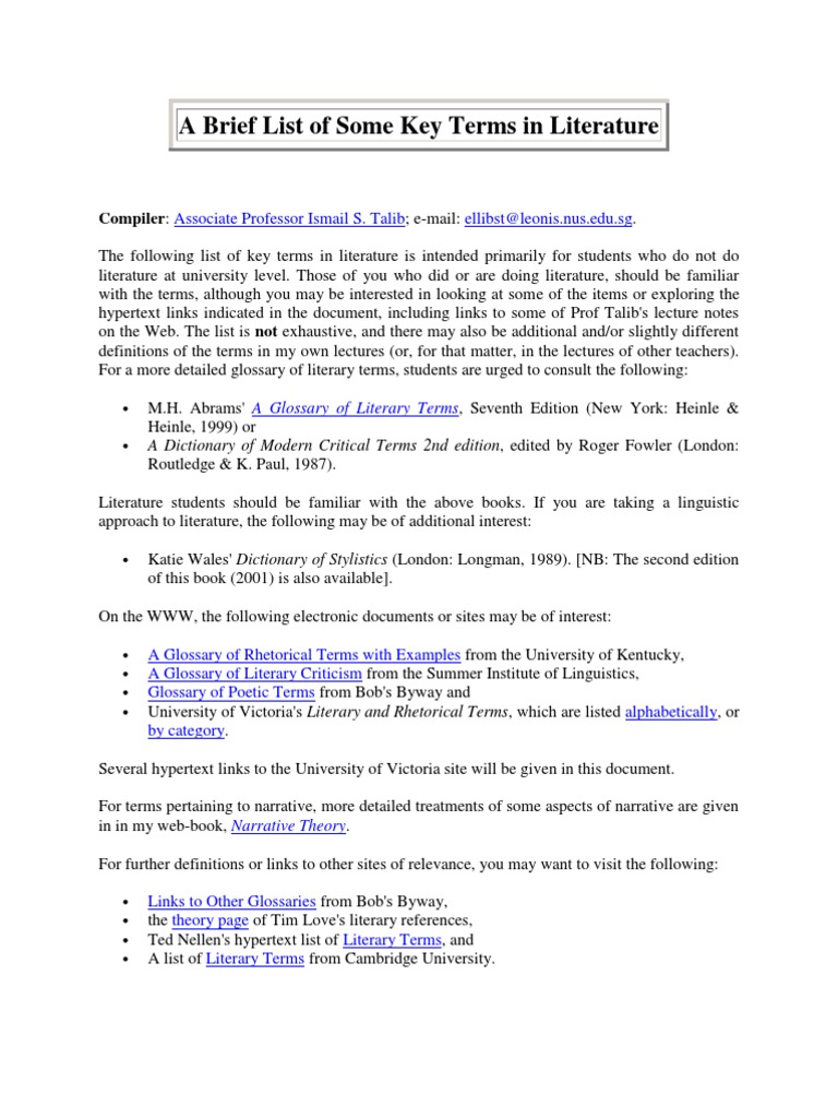 A Brief List Of Some Key Terms In Literature Poetry Narration