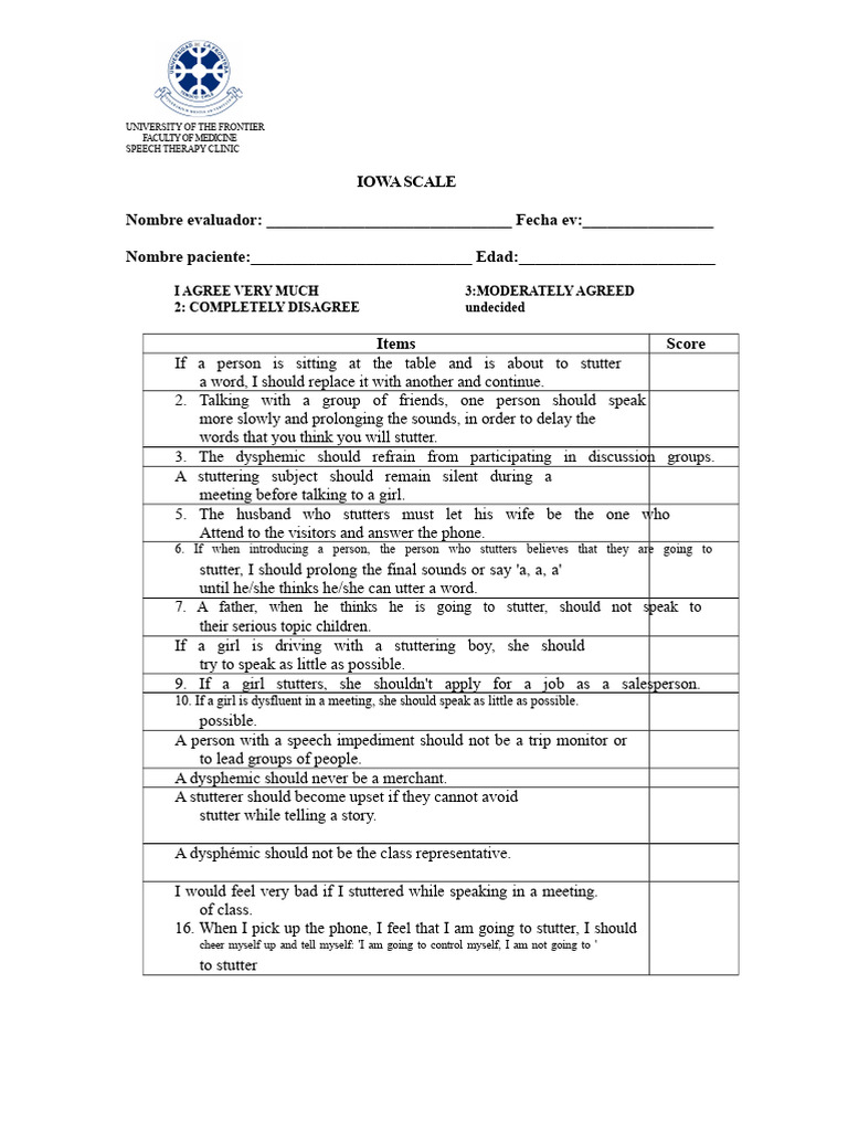 Iowa Scale for Stuttering Attitudes | PDF | Stuttering | Human ...