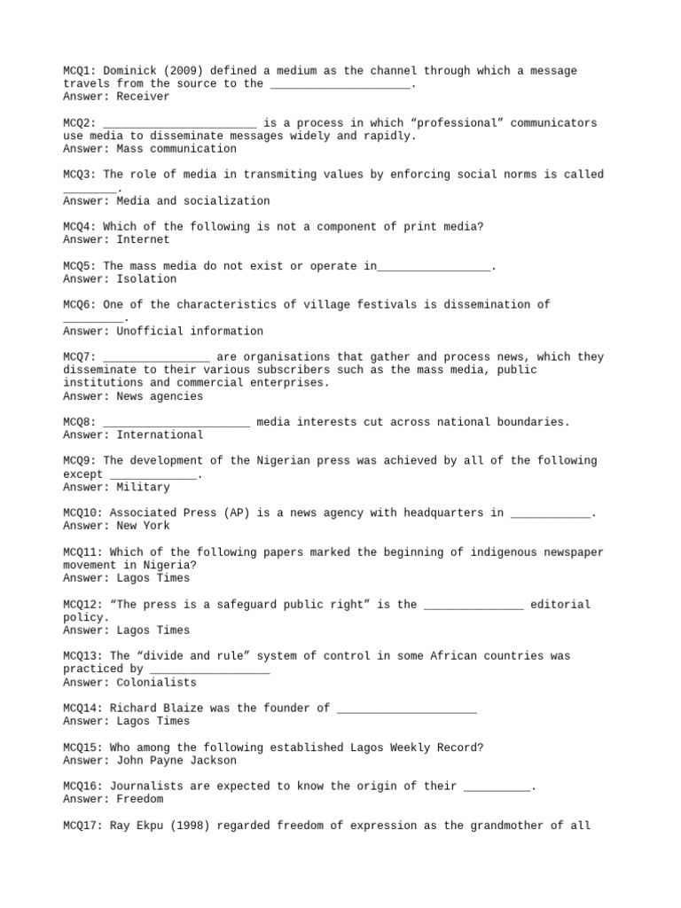 Media and Communication Concepts MCQs | PDF | Freedom Of The Press ...