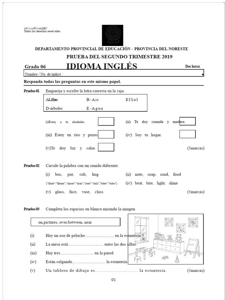 Examen de Inglés Grado 6 - 2019 | PDF