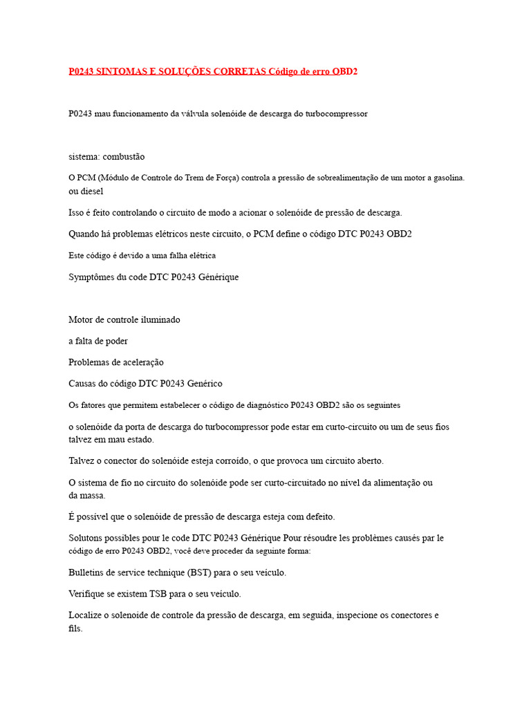 Erro P0243: Sintomas e Soluções OBD2 | PDF | Turbocompressor | Motores