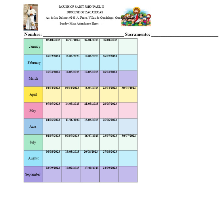 Sunday Mass Attendance Sheet 2023 | PDF