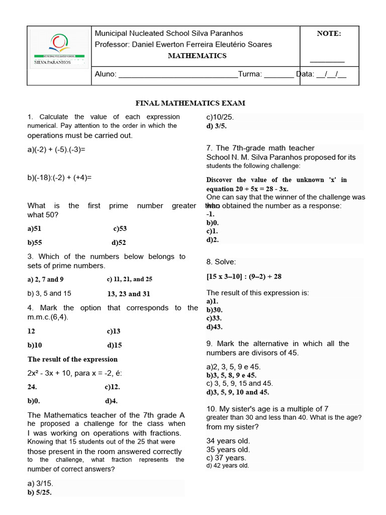 7th Grade Math Final Exam Questions | PDF | Numbers | Mathematics