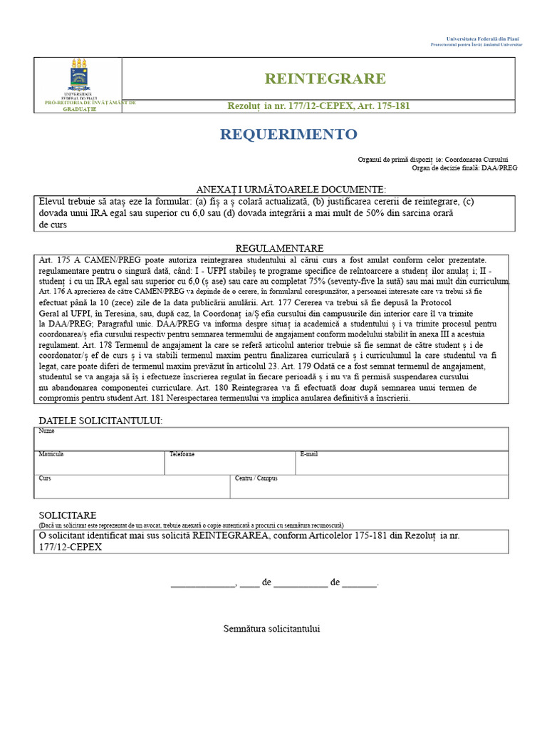 Cerere - Solicitare de Reintegrare | PDF