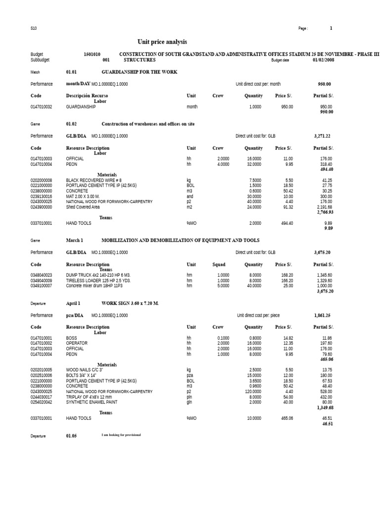Unit Price Analysis for Stadium Construction | PDF | Concrete | Materials