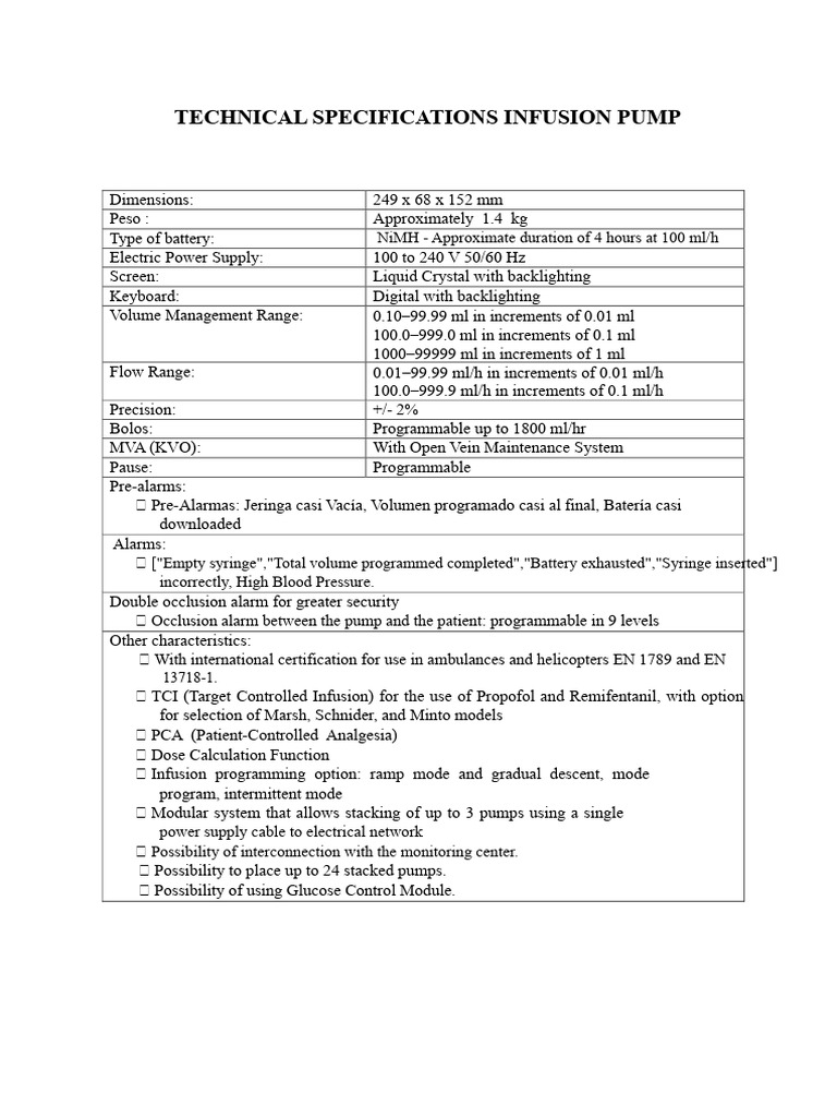 Infusion Pump Technical Specifications | PDF