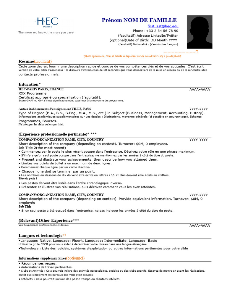 Modèle de CV pour étudiants HEC Paris | PDF