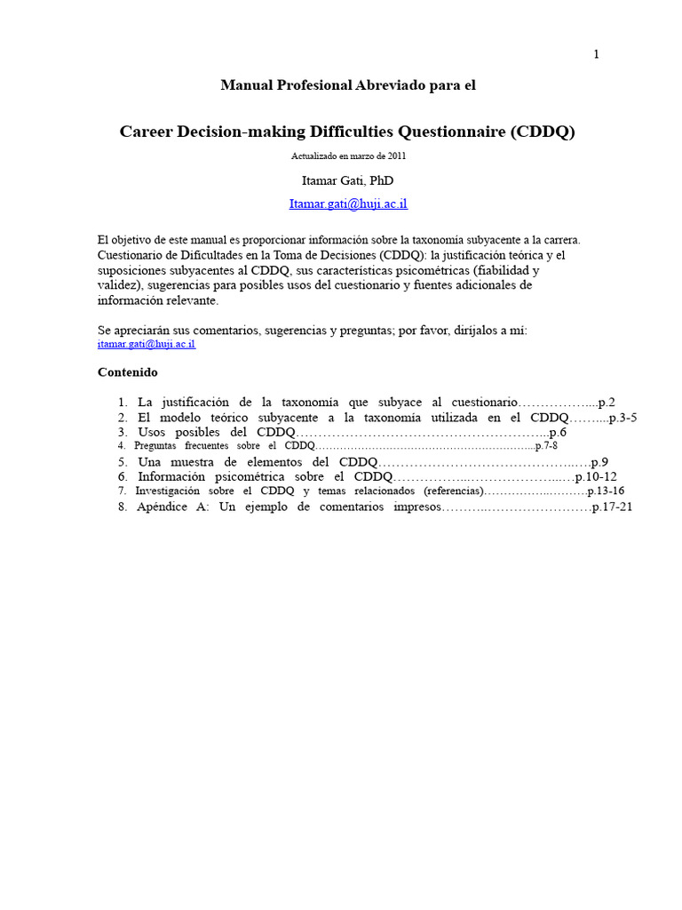 Manual CDDQ: Dificultades en Decisiones de Carrera | PDF | Toma de ...