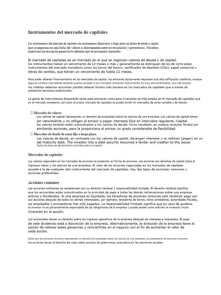Instrumentos del Mercado de Capitales | PDF | Acciones preferentes ...
