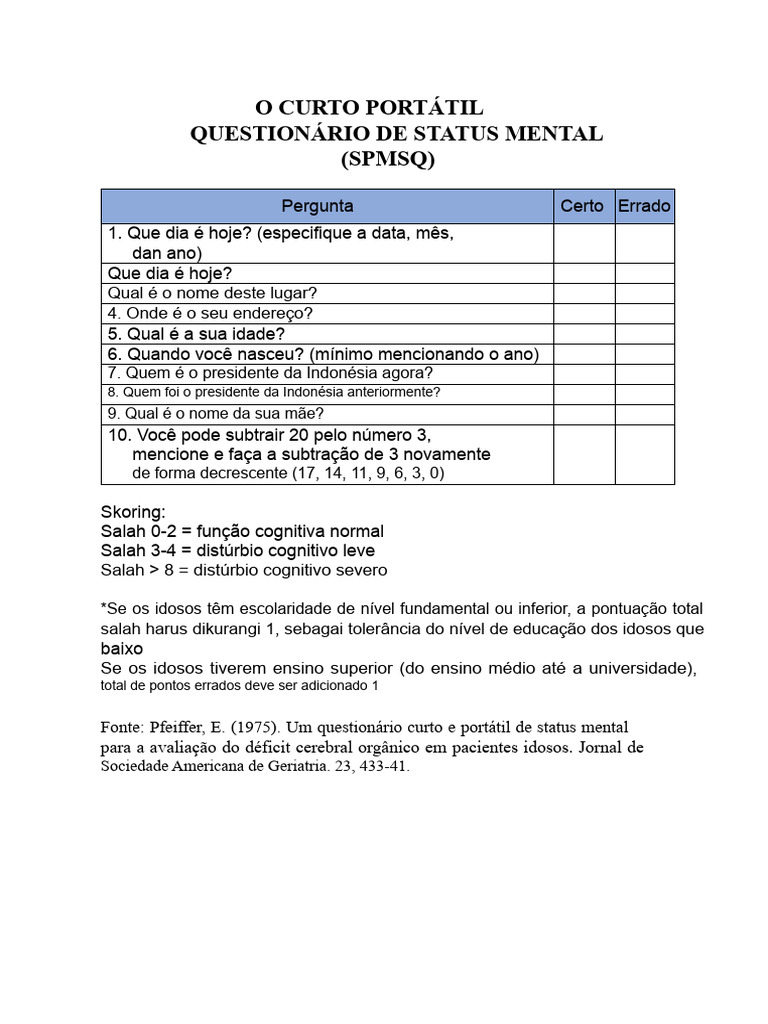 Questionário de Status Mental SPMSQ | PDF