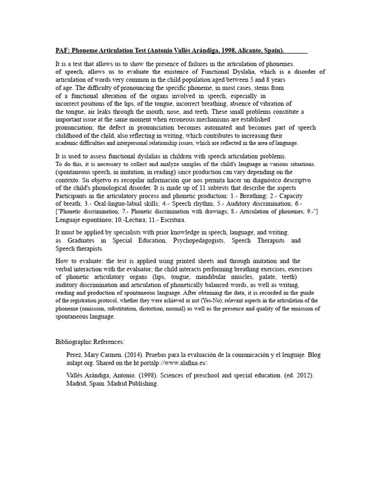 Phoneme Articulation Test for Children | PDF | Speech | Phonetics