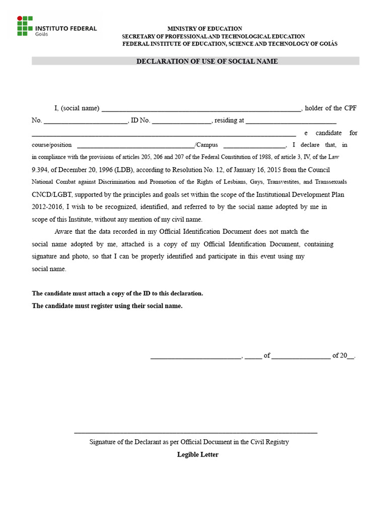 Declaration of Use of Social Name | PDF