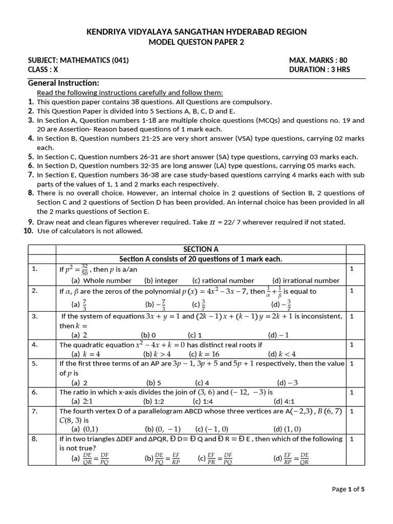 Class X Mathematics Model Question Paper | PDF | Circle | Quadratic ...