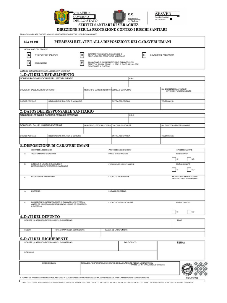 Formato SSA 06 005 Permessi Relativi Alla Disposizione Dei Cadaveri 1 | PDF