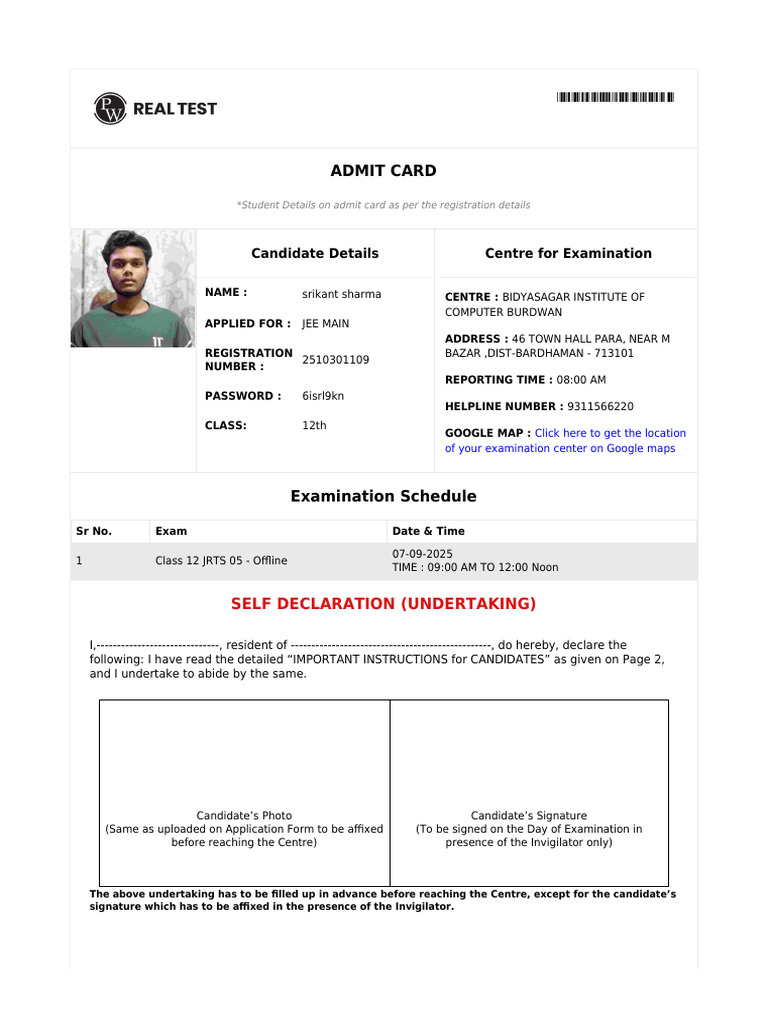 Admitcard 2510301109 6408284 | PDF
