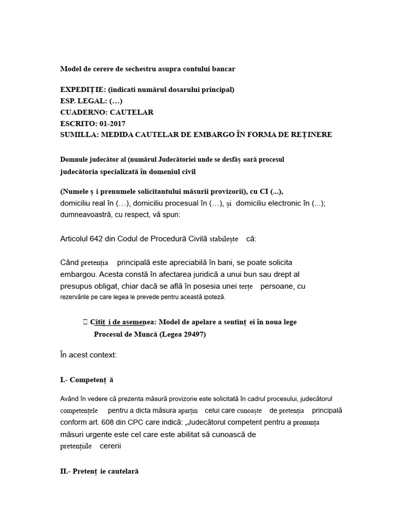 Model de Cerere de Sechestru Pe Cont Bancar PROCESUAL CIVIL | PDF