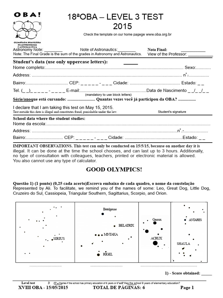 OBA Level 3 Astronomy Test 2015 | PDF | Astronomy | Outer Space