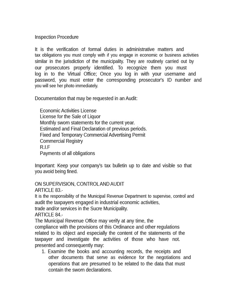 Municipal Tax Inspection Guidelines | PDF | Taxes | Audit