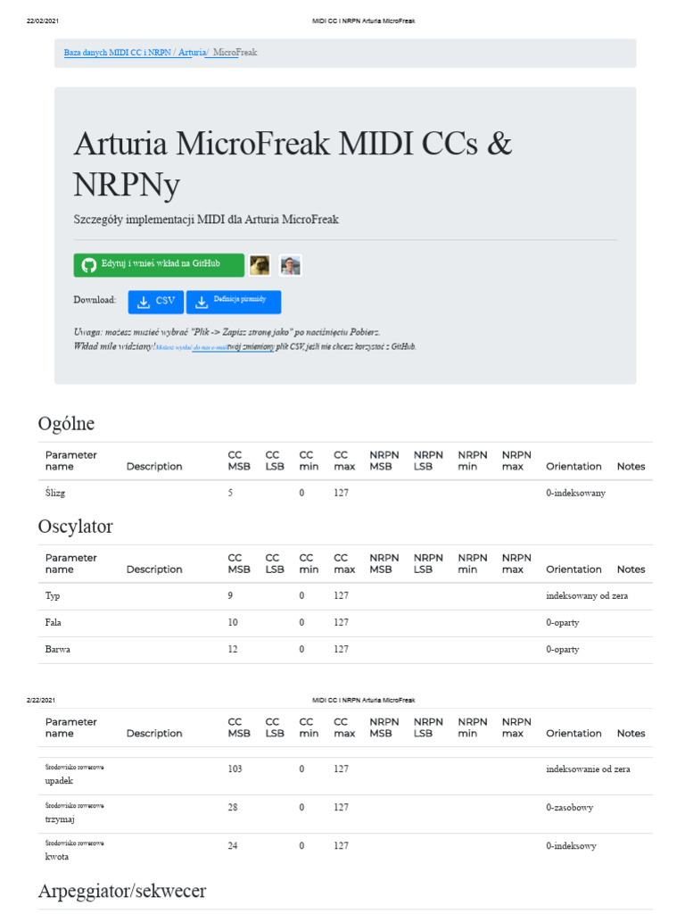 Arturia MicroFreak MIDI CC i NRPN | PDF