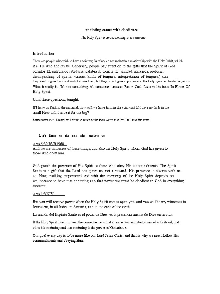 The Anointing Comes With Obedience. | PDF | Jesus | Holy Spirit