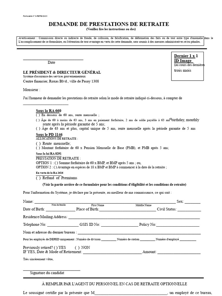 Demande de prestations de retraite GSIS | PDF | Retraite | Police d ...