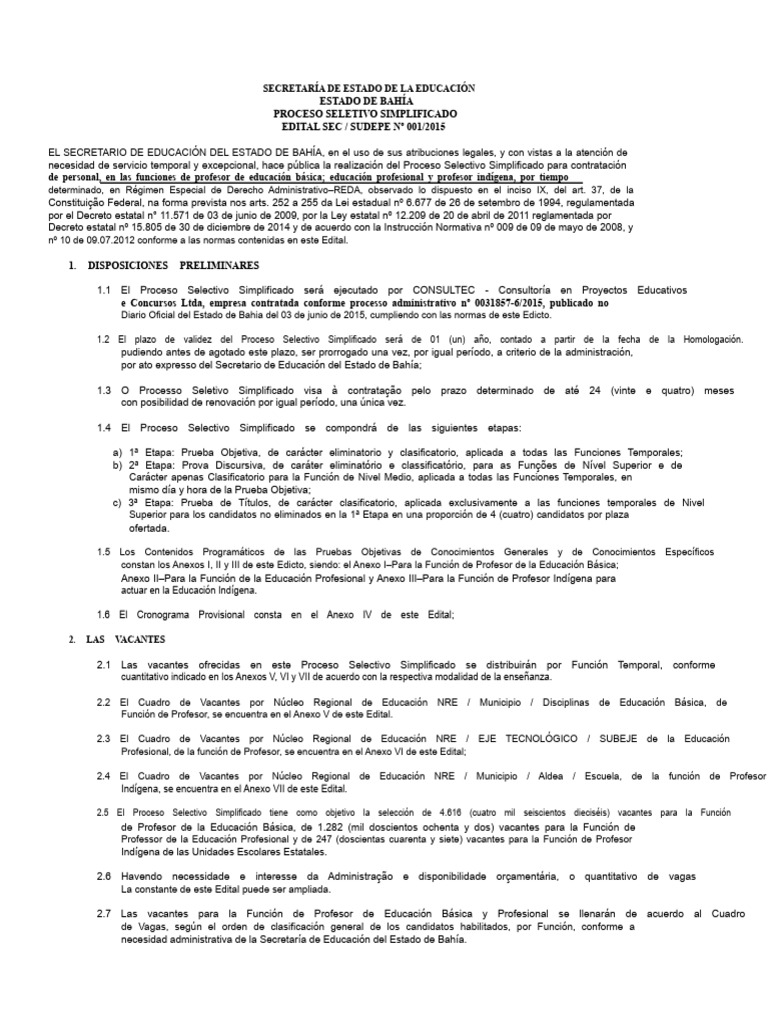 Proceso Selectivo Simplificado Educación Bahía | PDF | Plan de estudios ...