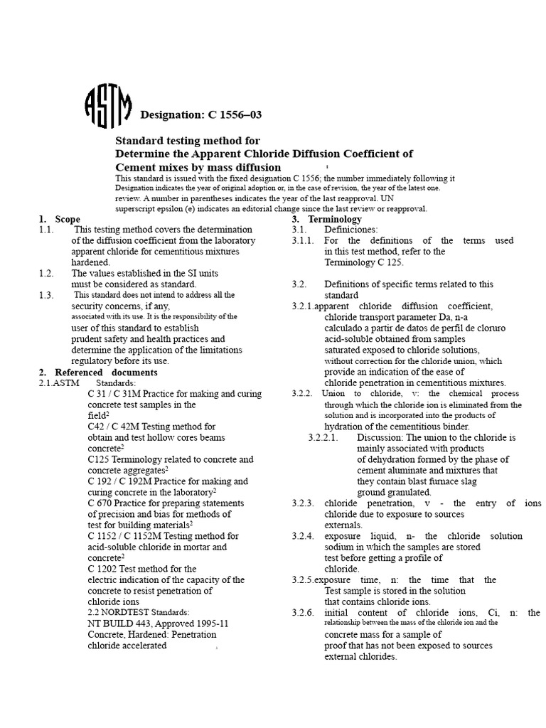 Chloride Diffusion Coefficient Test Method | PDF | Concrete | Cement