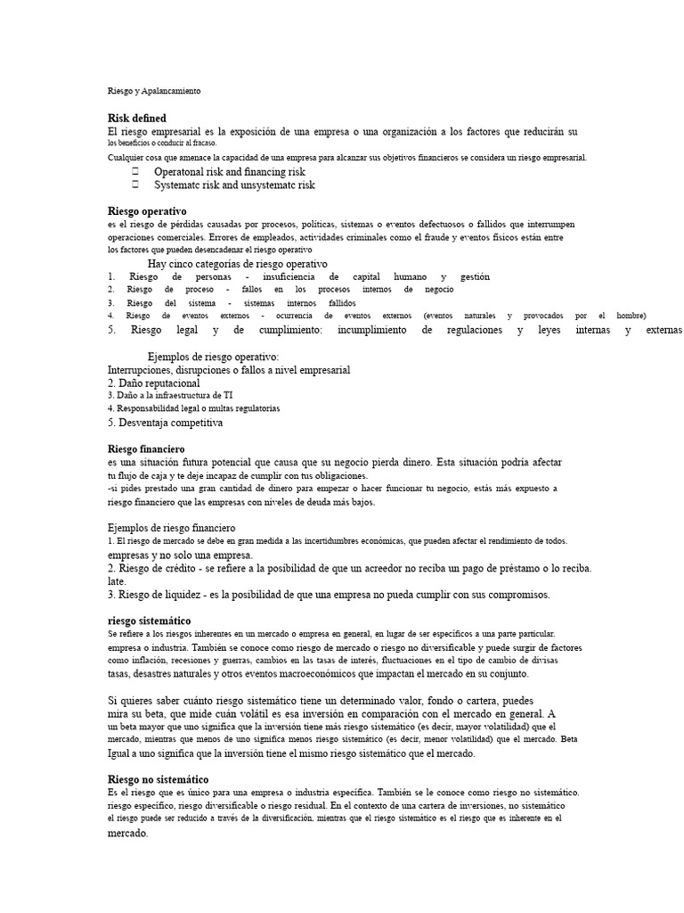 Riesgos y Apalancamiento Empresarial | PDF | Apalancamiento (Finanzas ...