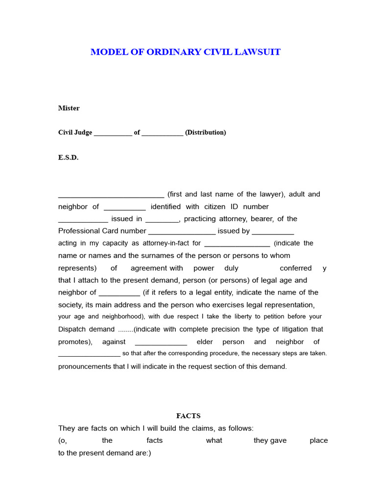 Civil Lawsuit Model Template | PDF | Lawsuit | Public Law