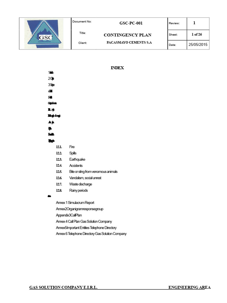 Contingency Plan for PACASMAYO CEMENTS | PDF | Fires | Oil Spill