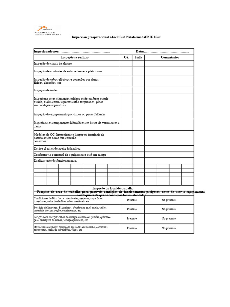 Checklist de Inspeção Pré-operacional GENIE 1530 | PDF