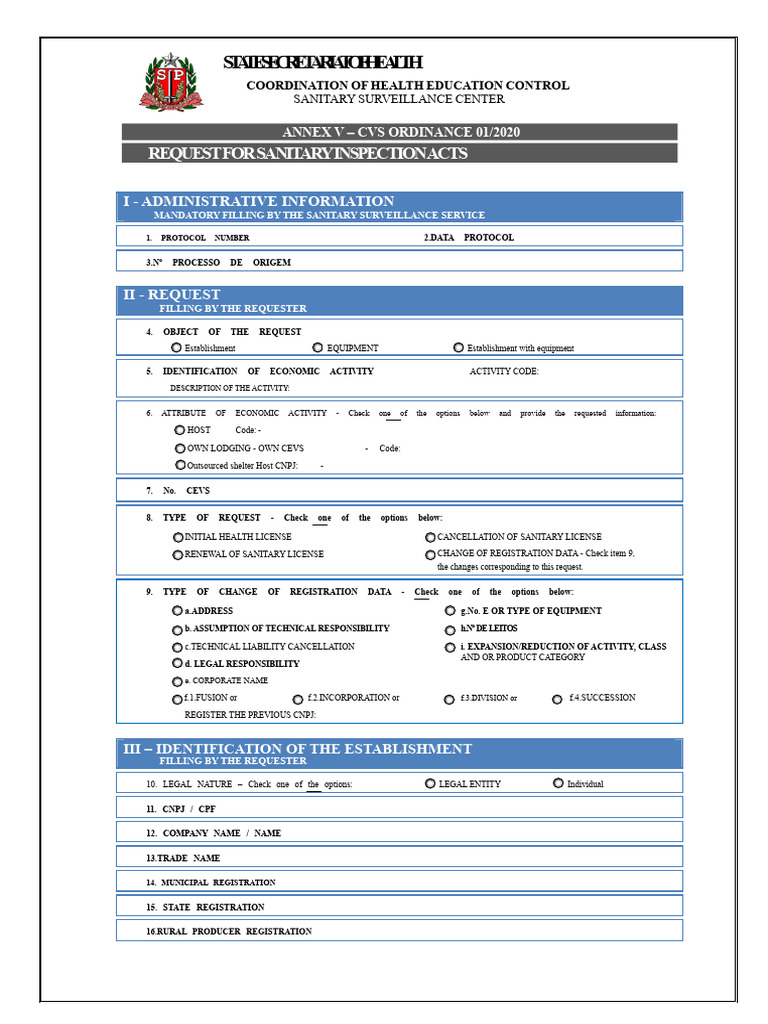 Sanitary Inspection Request Form | PDF
