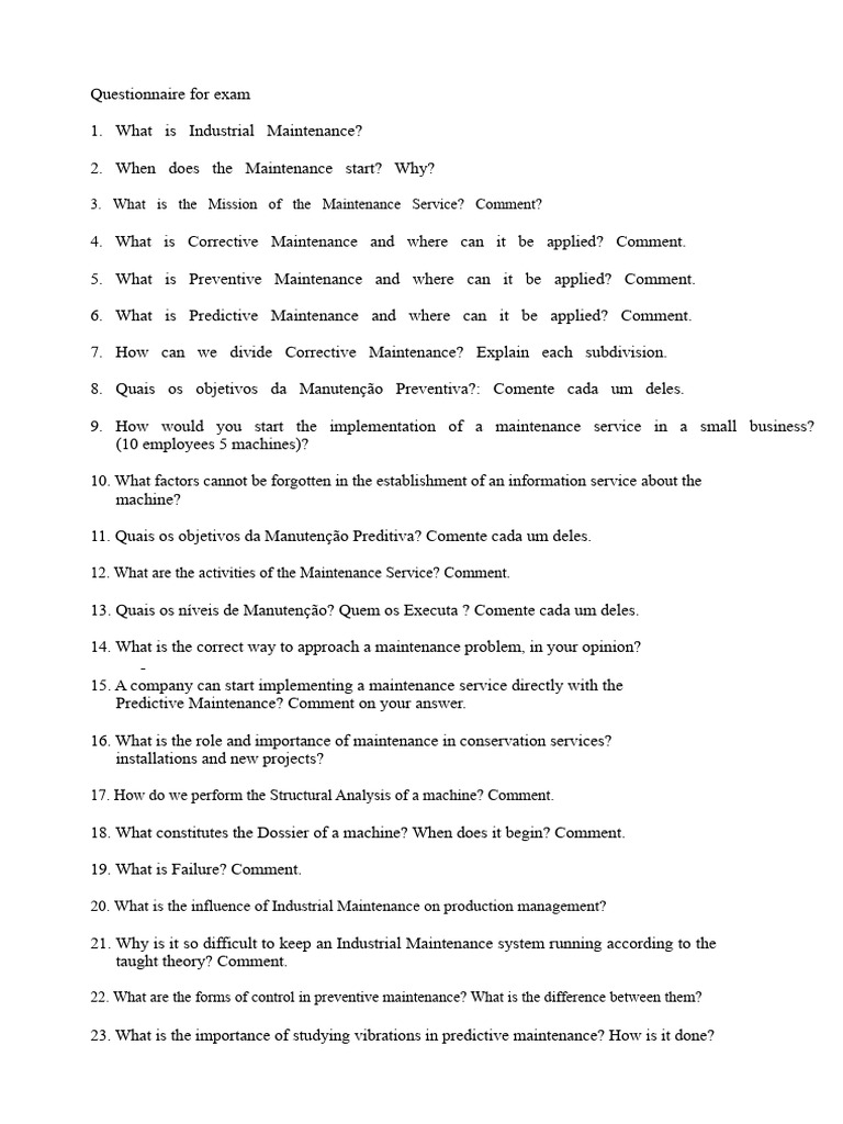Industrial Maintenance Questionnaire Guide | PDF